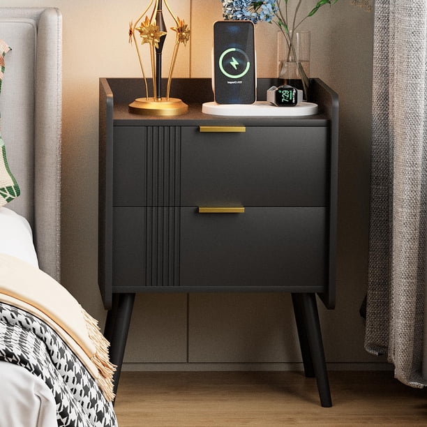 Mesa de noche moderna negra Aenuert con 2 cajones de almacenamiento, pequeña mesa de noche, mesa lateral de madera para sofá, para dormitorio, estudio y espacios pequeños