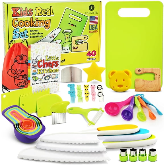 Juego de cuchillos Raymeer para niños, 40 piezas, con libro de recetas y tablero