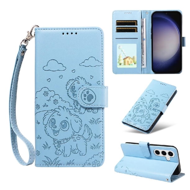 Funda Cartera para Samsung Galaxy S25 Plus Perro Cachorro Grabado con Tarjetas Soporte Correa Azul