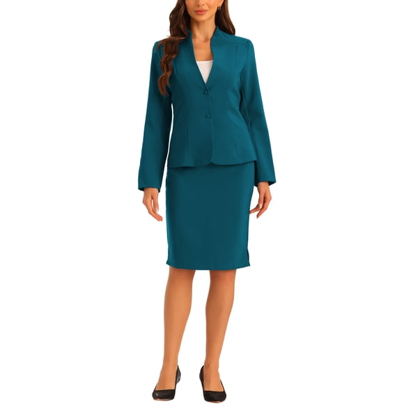INSPIRE CHIC Conjunto de Falda para Mujer Regreso a Clases para Maestras Traje sin Cuello Blazer y Faldas Lápiz 2 Piezas Conjuntos Elegantes L Azul Lago