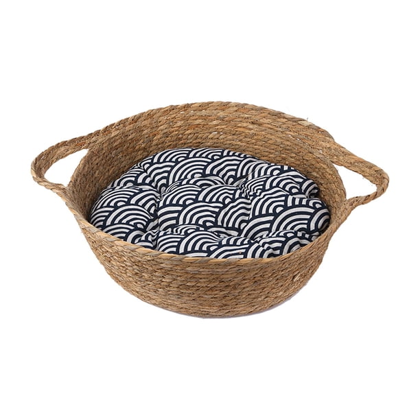 Cama para mascotas tejida redonda Cojín para cama para gatos con asa de transporte Gatos Condominio Manta cálida Casa para perros con cojín extraíble Diámetro 47 cm Altura 15 cm