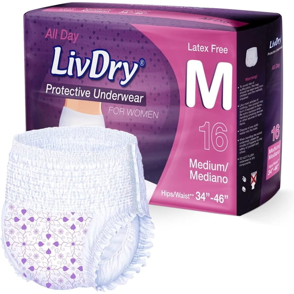 Pañales para adultos Livdry M para mujer Overnight 16, tamaño mediano