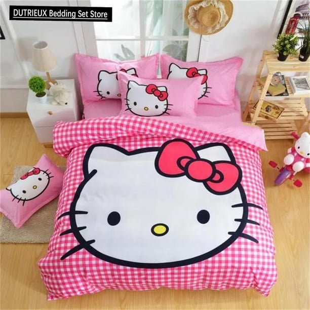Hello Kitty Pink Lattice Duvet Cover Cartoon Cat Girls Kids Bedroom Decoration Gifts Bedding Set Quilt Cover with 2 Pillow Case Bed Sheets