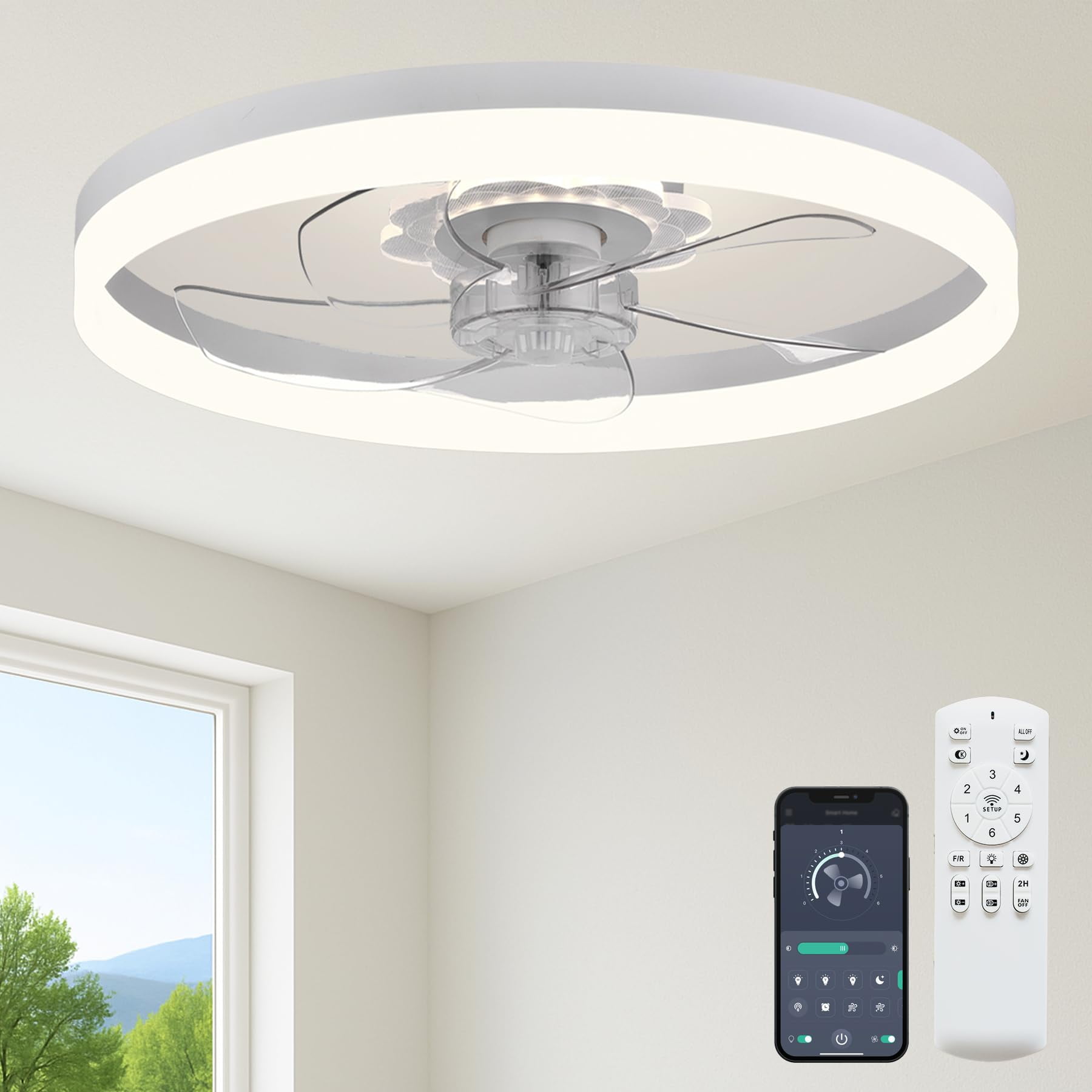 Ventilador De Techo Fszdorj 23,6" Con Led Regulable, App Y Control Remoto, Blanco