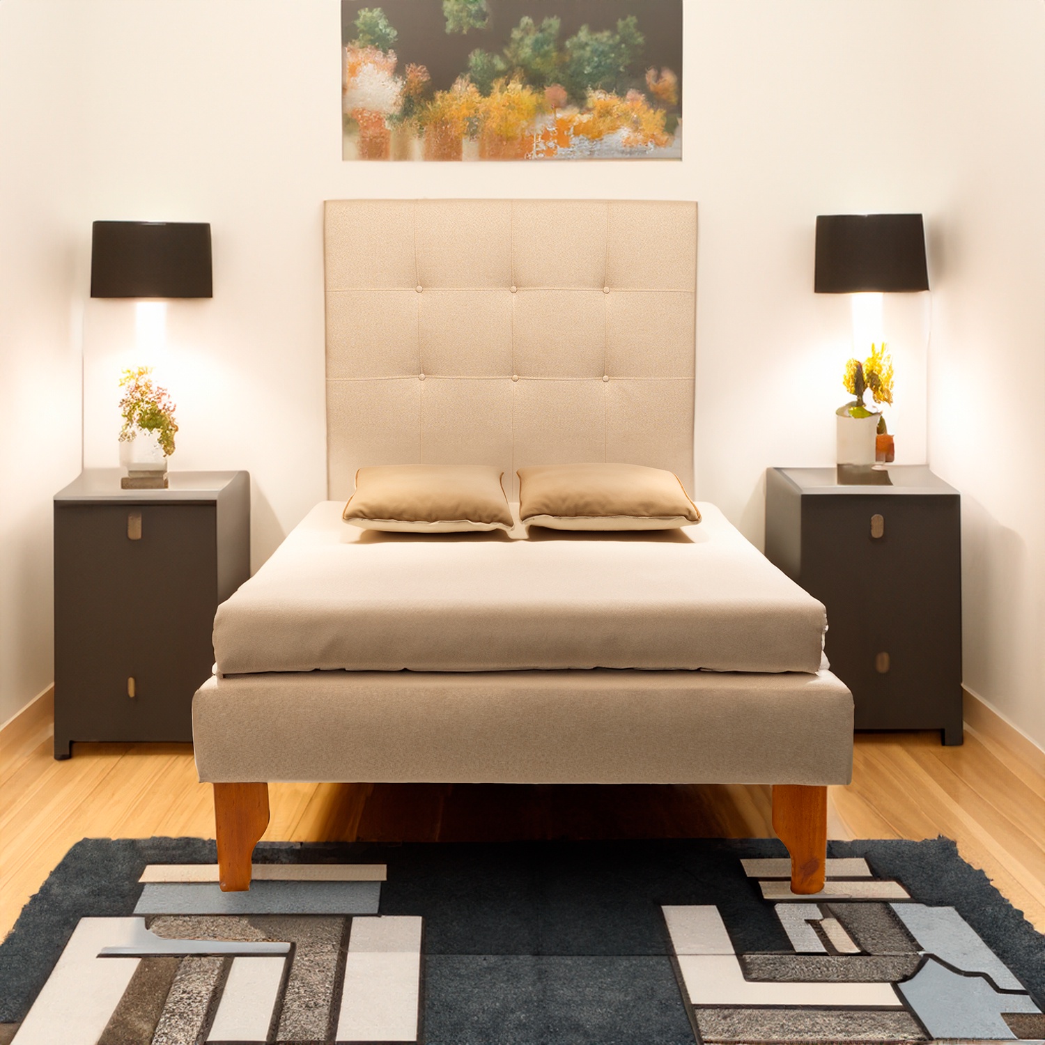 Muebles New - Base Con Respaldo Plaza Y Media Beige Lino