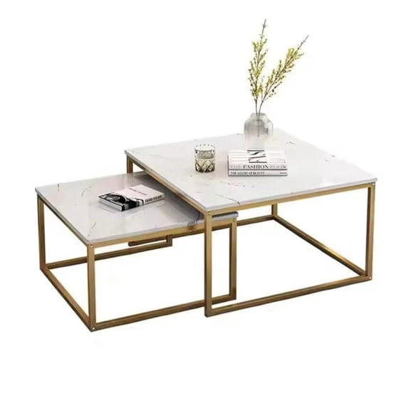 MESA DE CENTRO 2 PIEZAS MDF CUADRADA BLANCO DISEÑO MARMOL