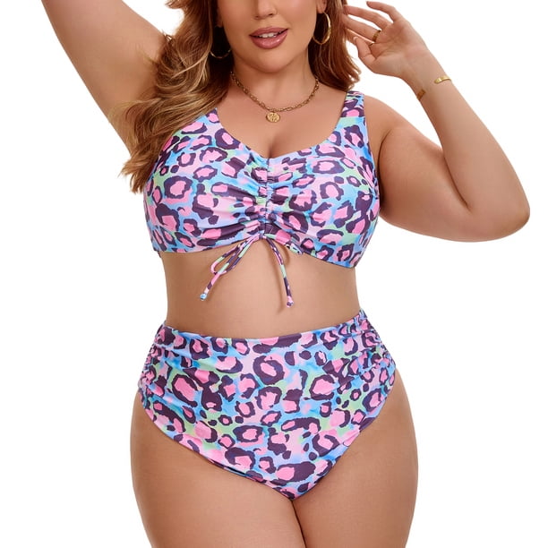 Agnes Orinda Bikini de Dos Piezas para Mujer de Talla Grande para Escuela y Universidad con Estampado, Cordón, Frente Retorcido, Push Up, Cintura Alta