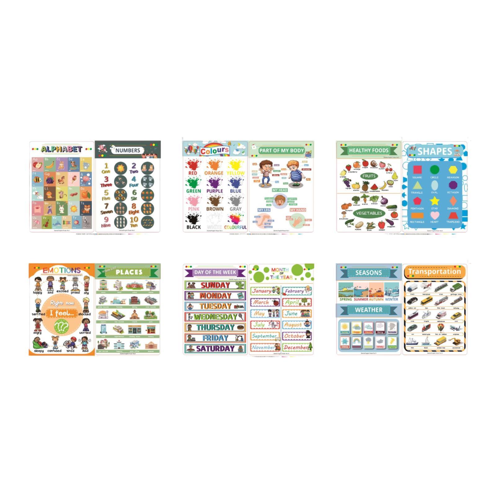 Magideal - 12 Piezas De Póster Educativo, Jardín De Infantes, Gráficos De Pared, Decoración De Pared, Gráficos De Aprendizaje De Inglés, Carteles De Aprendizaje