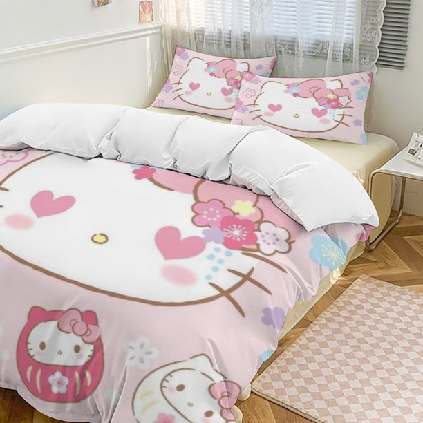 Cute Hello Kitty Thickened Three-piece Bed Set Cartoon Pillowcase Anime Quilt Cover Bedroom Hotel Theme House Vacation Home Holiday Anniversary Gift