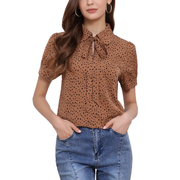 INSPIRE CHIC Blusa de Chifón con Estampado Retro de Manga Corta y Lazo en el Cuello Peter Pan para Mujer, Talla M, Marrón Claro-Puntos