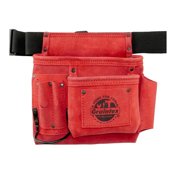 Cinturón/bolso para herramientas Graintex con 5 bolsillos, piel de gamuza roja, unisex