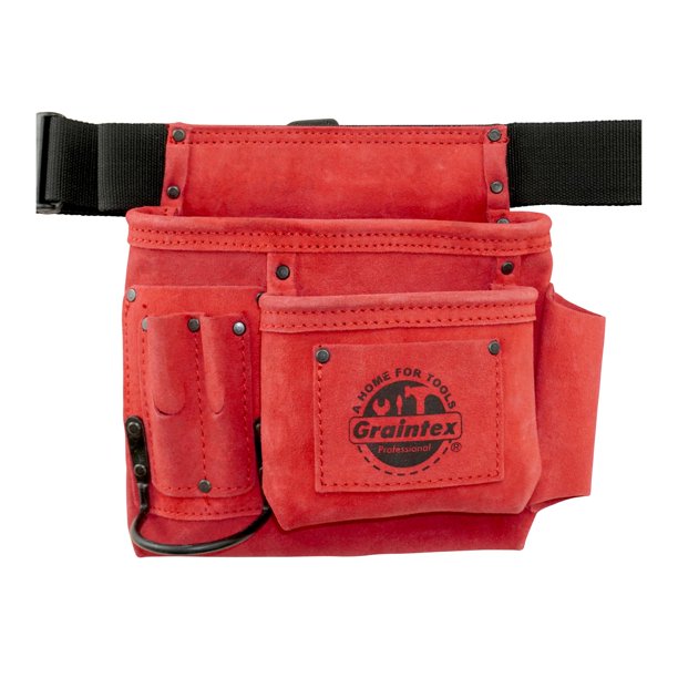 Cinturón/bolso para herramientas Graintex con 5 bolsillos, piel de gamuza roja, unisex