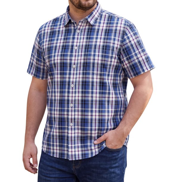 INSPIRE CHIC Camisas a Cuadros de Manga Corta para Hombre Grande y Alto Botón Abajo Tops XL Azul Marino Púrpura