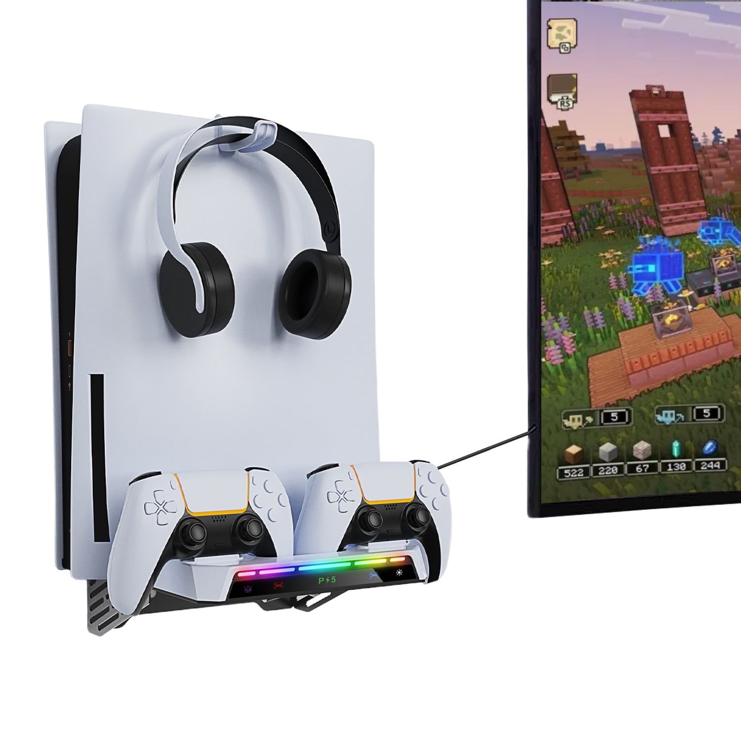 Soporte De Montaje De Pared Aaronmei Para Ps5 Slim Con Cargador Y Barra De Luz Rgb