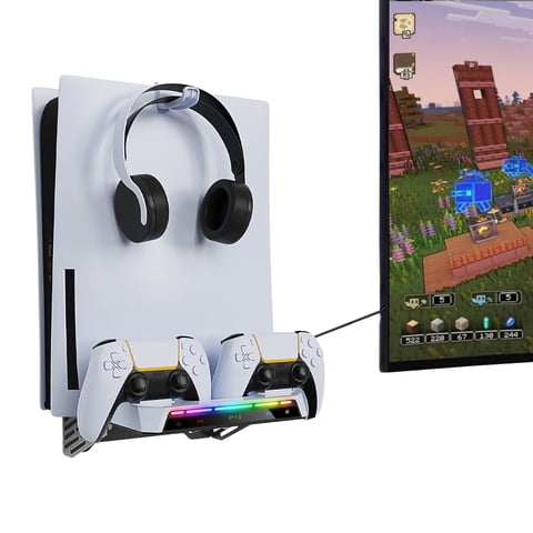 Soporte De Montaje De Pared Aaronmei Para Ps5 Slim Con Cargador Y Barra De Luz Rgb
