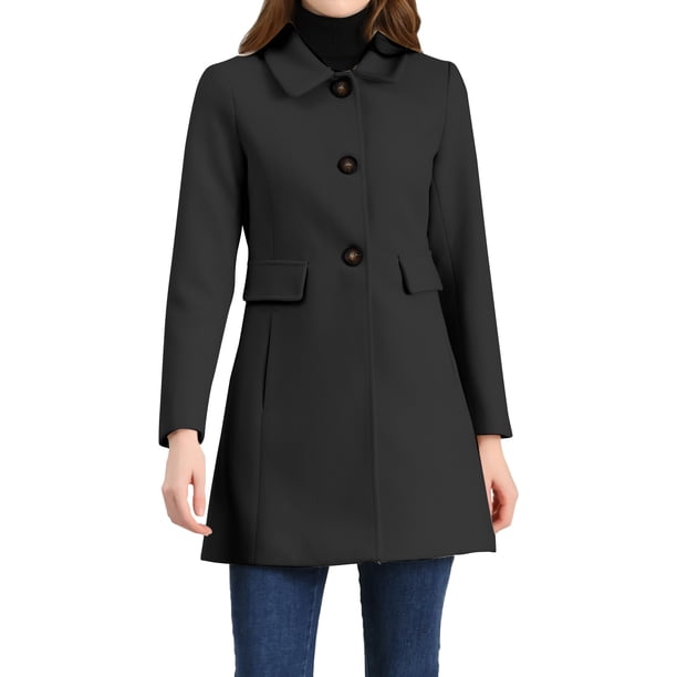 INSPIRE CHIC Abrigos de Invierno para Mujer Clásico Vintage de Longitud Media con Cuello Peter Pan y Abrigo de Botonadura Simple S Negro
