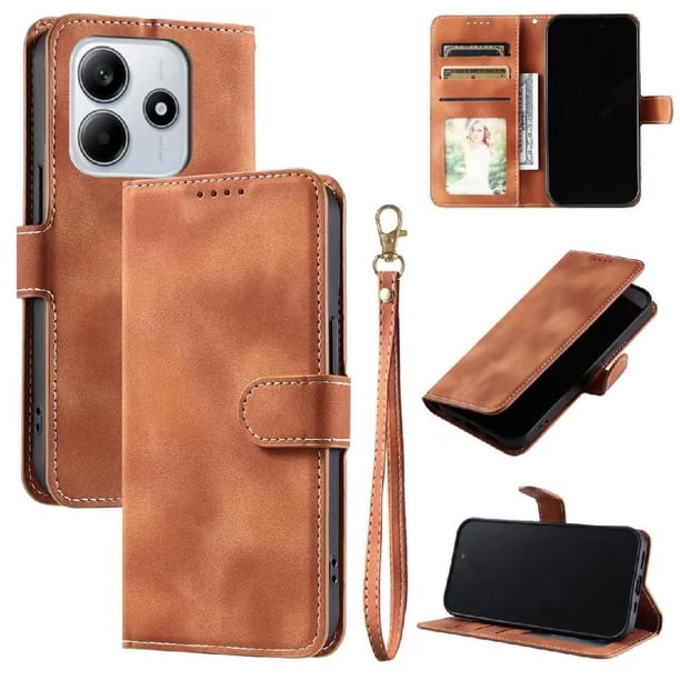 Funda Cartera para Xiaomi Redmi Note 14 5G Tapa con Ranuras, Soporte y Correa Marrón