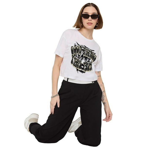 Polera Mujer Fun Manga Corta Crop Blanco Animal Corona