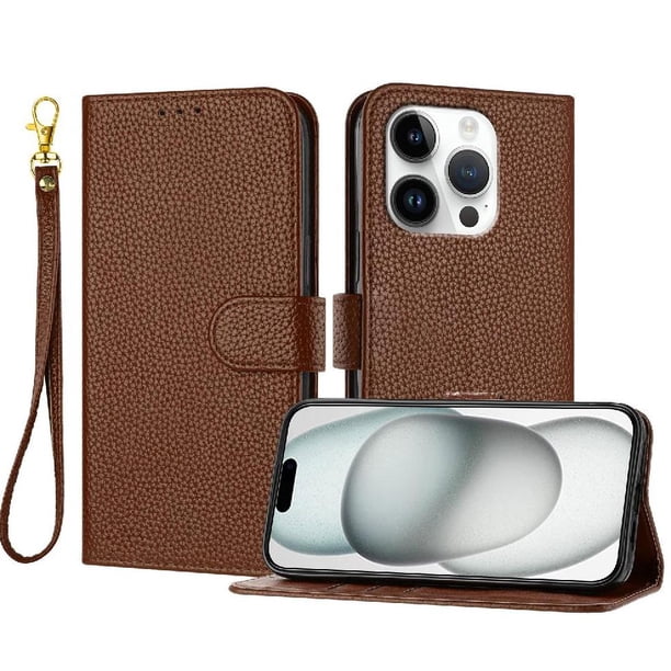 Funda Cartera para iPhone 16 Pro Max Tarjetero Soporte Magnético y Correa Marrón