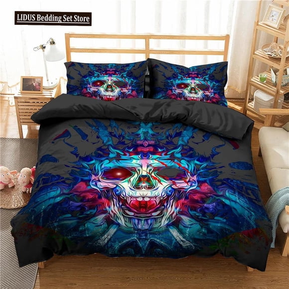 v971 Bed Sheets Sugar Skull King Queen Duvet Cover Cartoon Skeleton Blue Car Bedding Set For Teens Adults Halloween Day Of The Dead Quilt Cover 3-Piece Bedding Set (1 Duvet Cover + 2 Pillow Shams) Bed