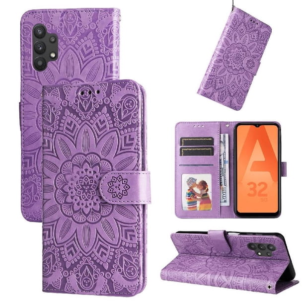 Funda tipo cartera FOXDOCK para Samsung Galaxy A32 5G , diseño girasol en relieve, cuero PU, cierre magnético, soporte y tarjetero