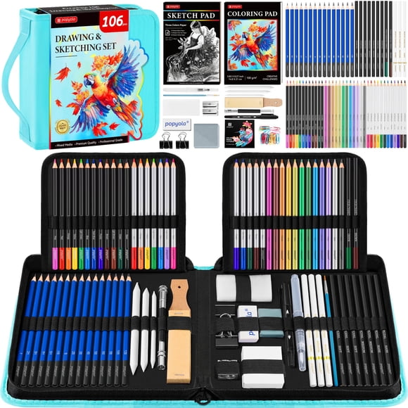 Kit de dibujo Art Supplies POPYOLA, 106 unidades con cuaderno de bocetos