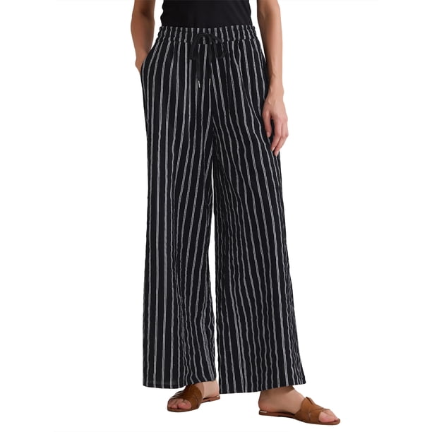 INSPIRE CHIC Pantalones de rayas con cordón casuales de regreso a clases para mujer, pantalones anchos de cintura alta de algodón sueltos, negro L