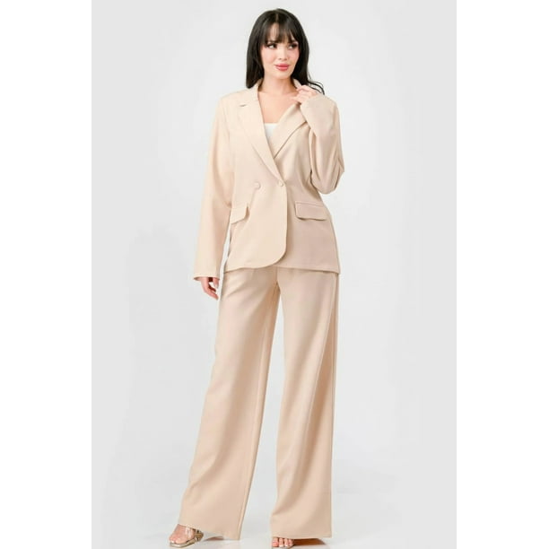 Saronite Conjunto Semiformal de Blazer Holgado de Manga Larga con Botones y Pantalones Anchos de Tejido Elástico de Lujo, Color Topo (para Mujer)