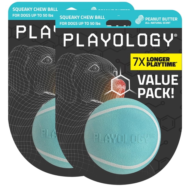 Juguete para perro Playology Bola chirriante mediana, paquete de 2, aroma a mantequilla de maní