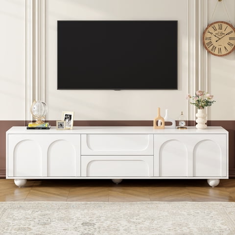 M&Ms - On-Trend Cream Style Tv Stand With Arched Doors & 2 Drawers For Tvs Up To 75"", Minimalist Media Console With Rebound Device, Entertainment Center With 5 Iron Round Legs For Living Room, Bedroom, White