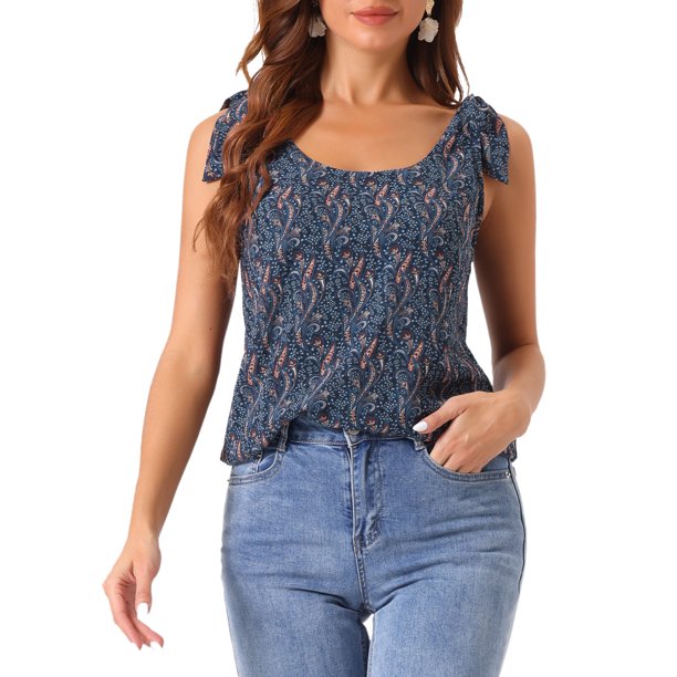 INSPIRE CHIC Blusa Floral de Verano para Mujer con Decoración de Lazo Casual Tops sin Mangas S Azul Oscuro-Paisley