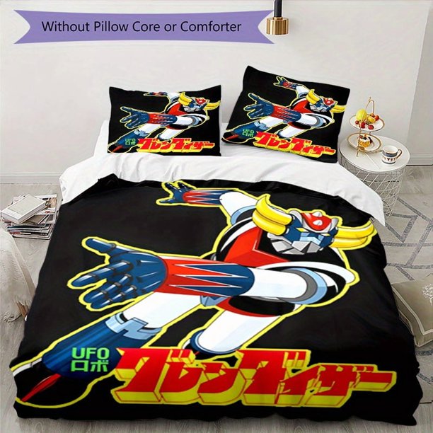 3pcs UFO Robot Grendizer Bedding Set - Includes 1 Cover & 2 Pillowcases, Breathable Polyester, Machine Washable, Zipper Closure, All-Season Comfort, Cartoon Theme, S1175, Machine Washable Bedding | Ca