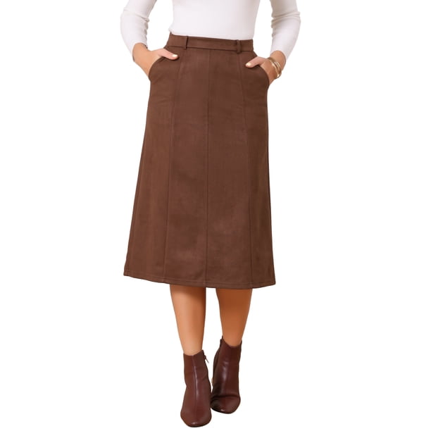 INSPIRE CHIC Falda de Mujer de Gamuza Sintética con Cintura Alta Elástica para Otoño Invierno, Falda Midi en Línea A con Bolsillos XL Café