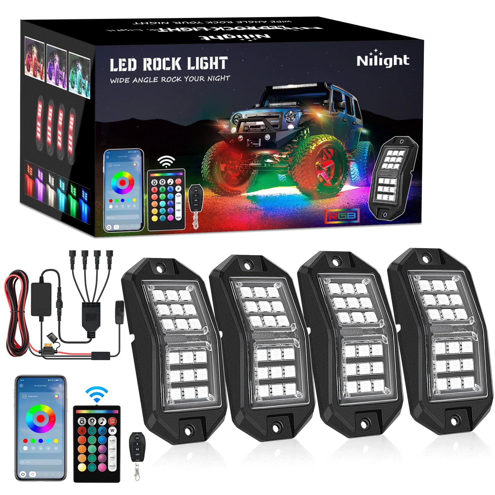 Kit De Luces Led Rgb Para Bajos Nilight, 4 Piezas, Control Remoto Bluetooth