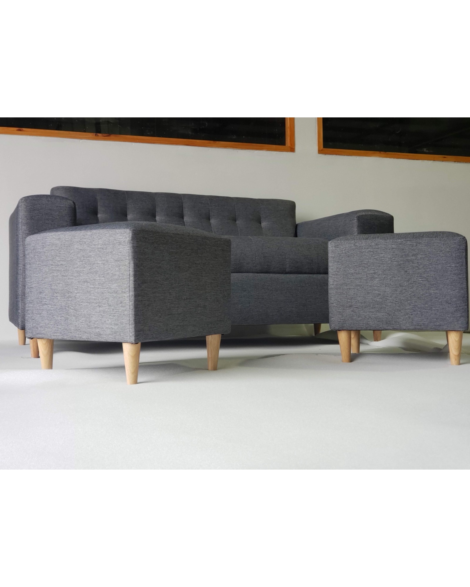 Muebles New - Sofa Tres Cuerpos Mas Dos Puff Gris Oscuro Lino