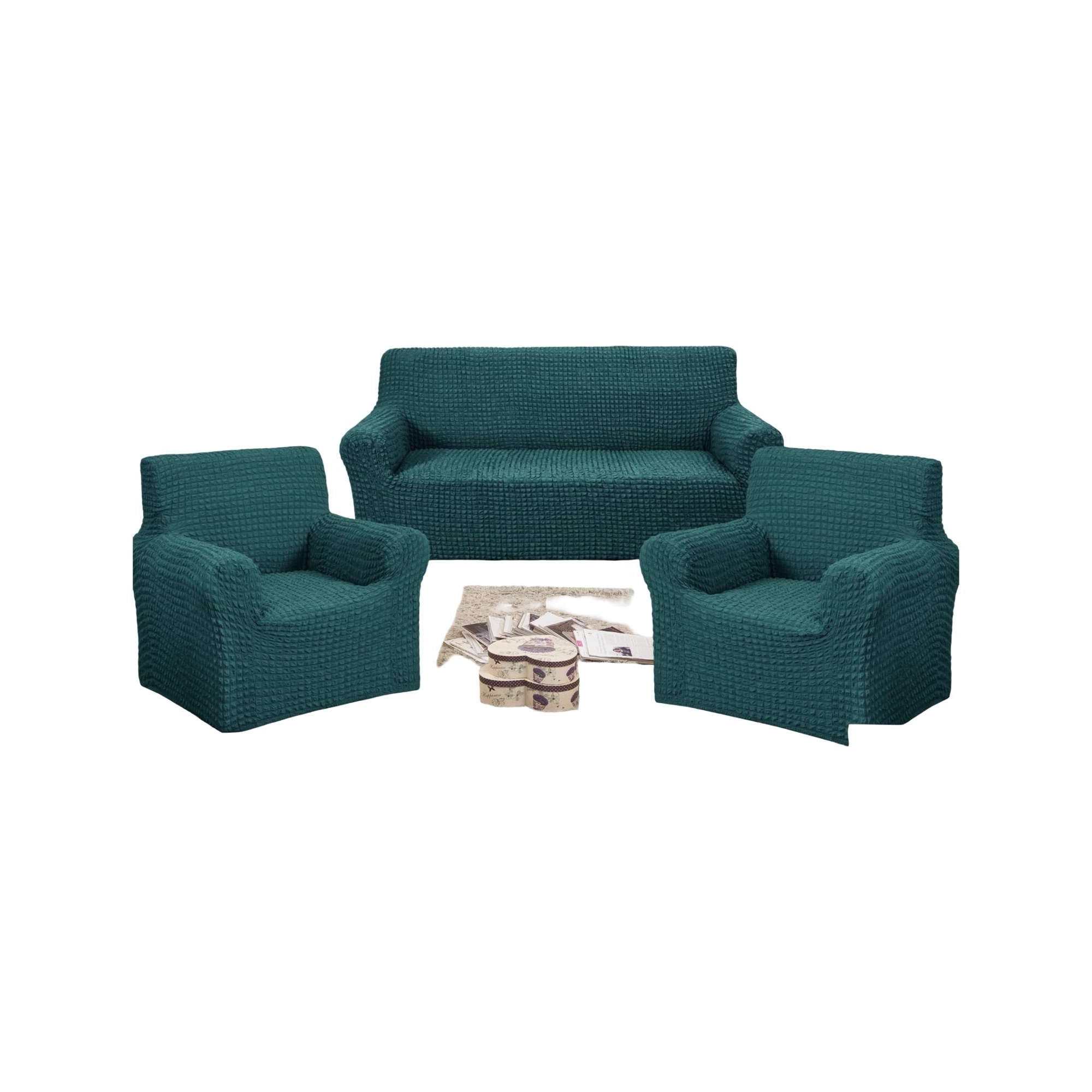 Genérico - Set De Fundas De Sofa 3+1+1 - Diseño Cuadrille Turquesa
