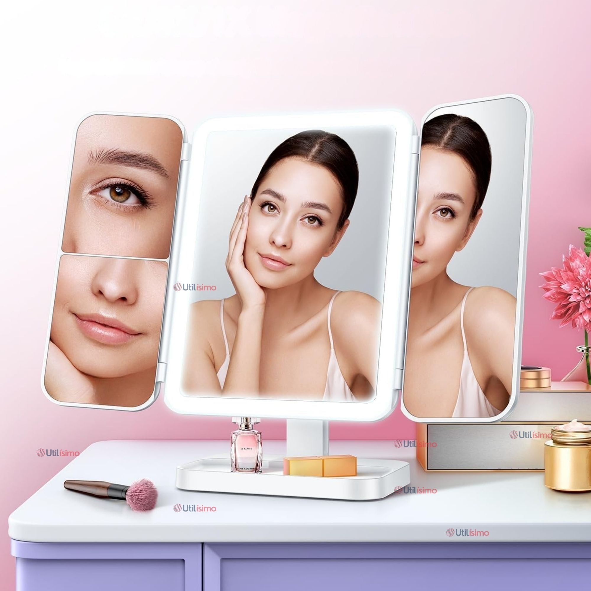 Line - Espejo De Maquillaje Tri Plegable Con Luces Led Recargable