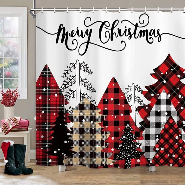 1pc Festive Christmas Shower Curtain with Red Buffalo Plaid Tree and Snowy Forest Farmhouse Design - Waterproof and Washable with 12 Hooks