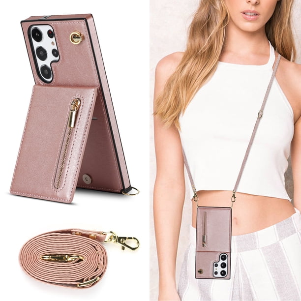 Crossbody Wallet Case Case For Samsung Galaxy S23 S22 Plus Note 20 Ultra With Card Slot Holder, Magnetic Flip Folio Purse Case, PU Leather Zipper Handbag With Detachable Lanyard Strap
