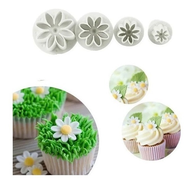Genérico - 4 Molde Fondant Cortador Con Expulsor Fondant Flor Margarita