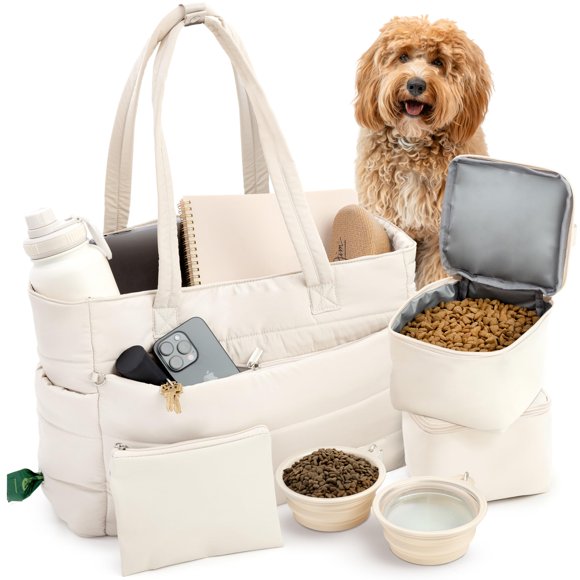 Bolso de viaje para perros rubyloo Puffer Tote con comederos Beige