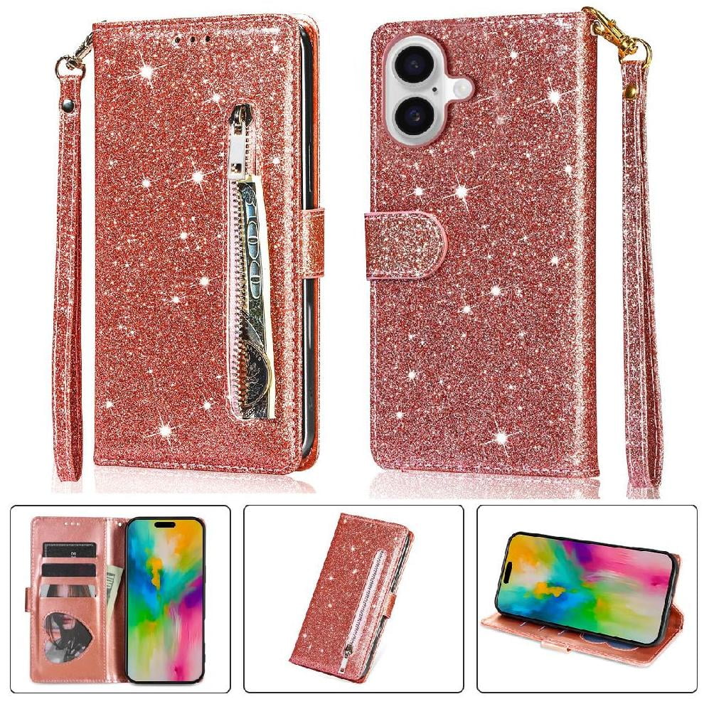 Foxdock - Funda Para Elegante Funda Iphone 16 Plus Glitter Con Cremallera-ideal Para El Uso Diario