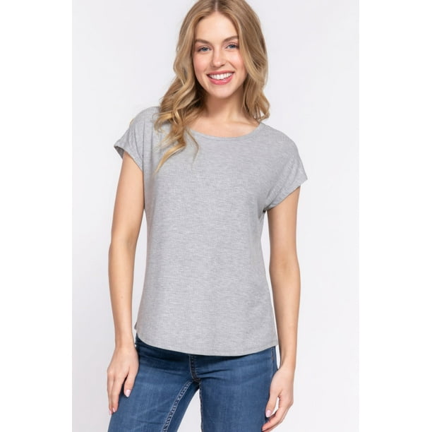 Saronite Camiseta Básica de Manga Corta Estilo Dolman de Punto Acanalado de Rayón, Gris Jaspeado (para Mujer)