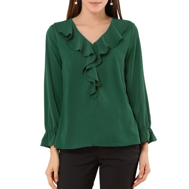 INSPIRE CHIC Blusa con Volantes para Mujer de Regreso a Clases Elegante para el Trabajo Cuello en V Manga Larga Top Elegante Verde L