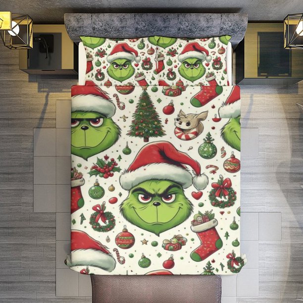 Christmas Grinch Head 3 Pieces Duvet Cover Set Full Size Super Soft Fade Resistant Microfiber