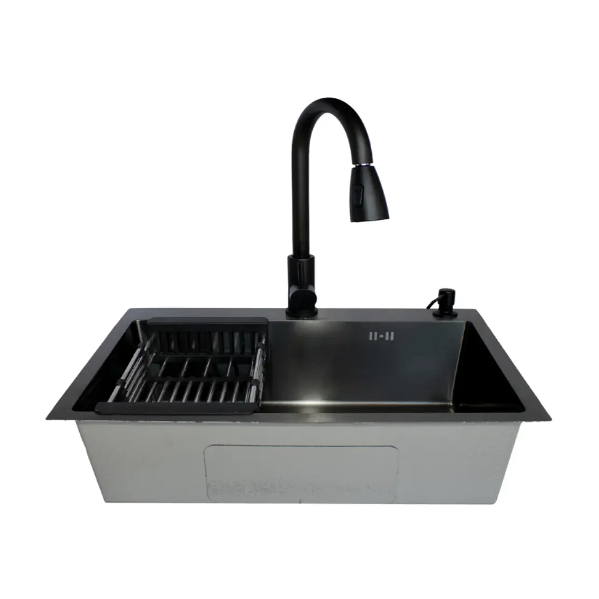 Modern Space - Lavaplatos 75x45 Cm Deluxe Acero Inoxidable Color Negro 2mm Espesor Con Rejilla Escurridora, Dispensador De Jabón Y Griferia Extraible