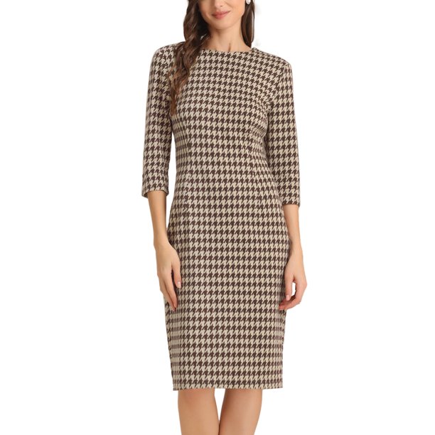 INSPIRE CHIC Vestido de pata de gallo para mujer, atuendo de maestra para el regreso a clases, vestido elegante ajustado en la cintura, manga 3/4, XL marrón