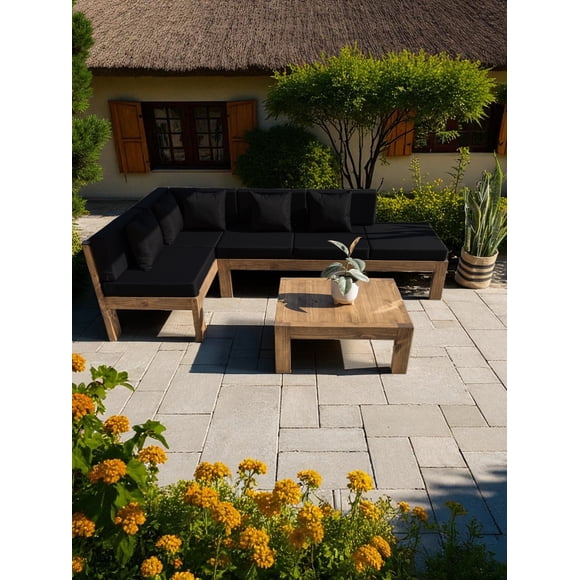 Terraza Rústica Modelo Ele 5 Cuerpos Madera Color Roble Cojinería Negro