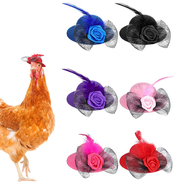 6 sombreros de pollo para gallinas, mascotas pequeñas, divertidos accesorios de pollo, sombrero de copa de plumas con elástico ajustable.