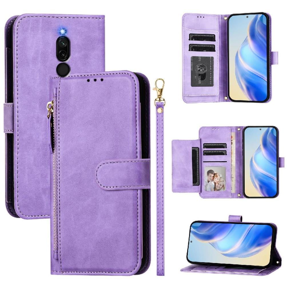 Foxdock - Funda Tipo Billetera Para Xiaomi Rojomi 8a/rojomi 8 Con Cremallera Portatarjetas Soporte Correa De Muñeca Cuero Púrpura